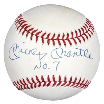 Mickey Mantle Signed & "No.7" Inscribed OAL Brown Baseball (JSA)